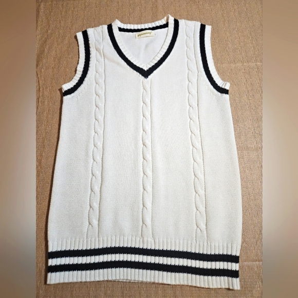 Yujianxiong knit white black stripes tennis pullover V-neck sweater vest Sz M/L - Picture 1 of 12